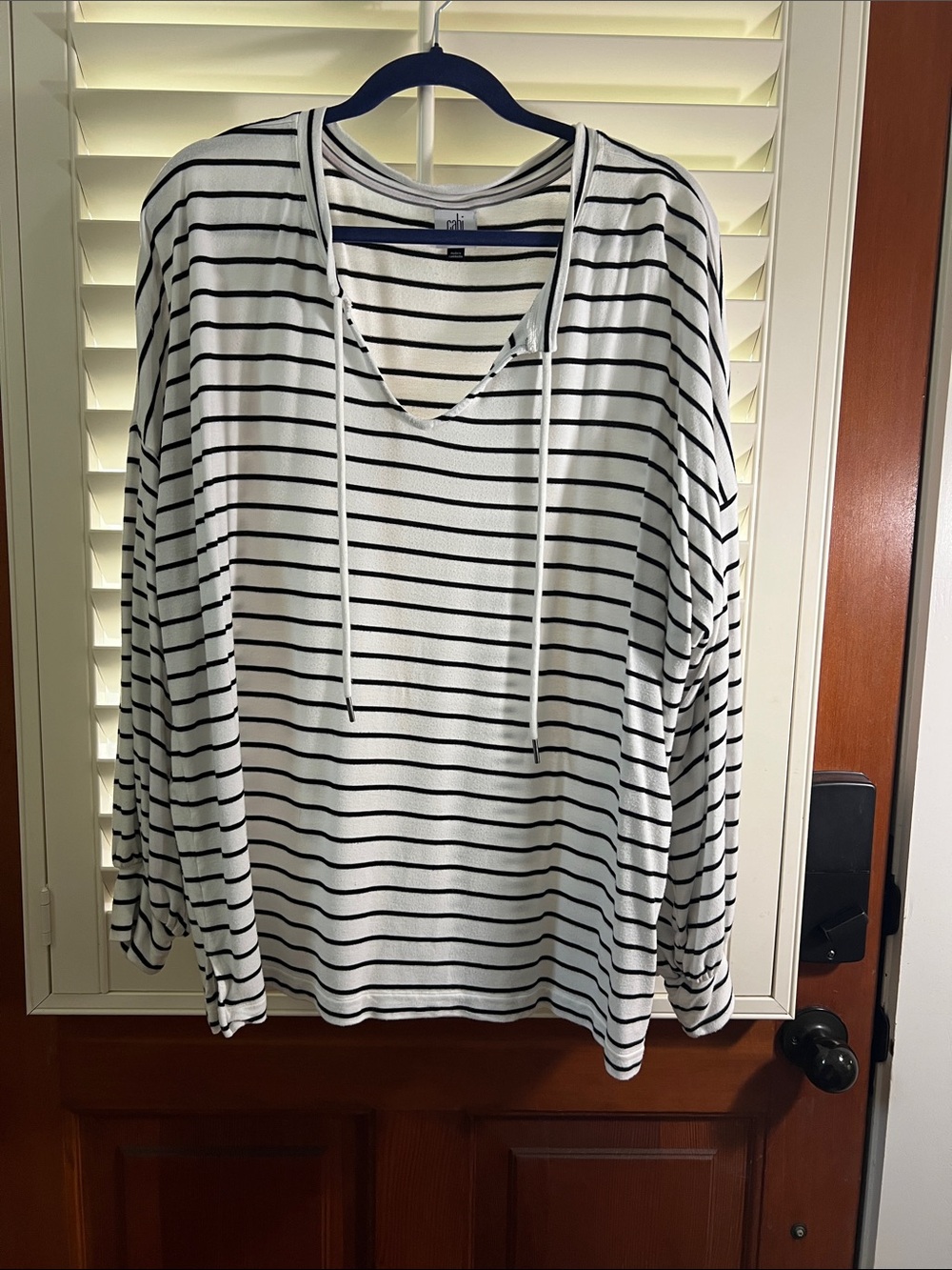 CAbi “Gameday sweatshirt” White and Black Striped V-Neck Top
